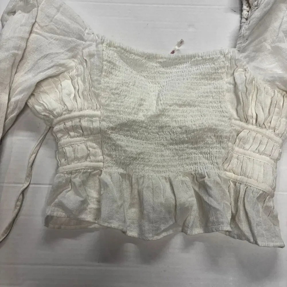 Free People Womens Medium Ivory Smocked Crop Top Puff Sleeve Boho Peasant